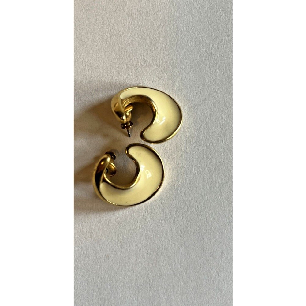 Monet Pierced Earrings Cream Enamel Gold Tone Half Moon .5" Inch Classic Vintage